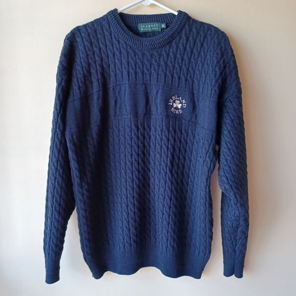 Blarney Woollen Mills Navy Blue Irish Wool Blend Cable Knit Long Sleeve Sweater